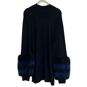 Alfani Womens Faux Fur Cuff Sweater Size XL Black Blue Mock Neck Long Sleeve
